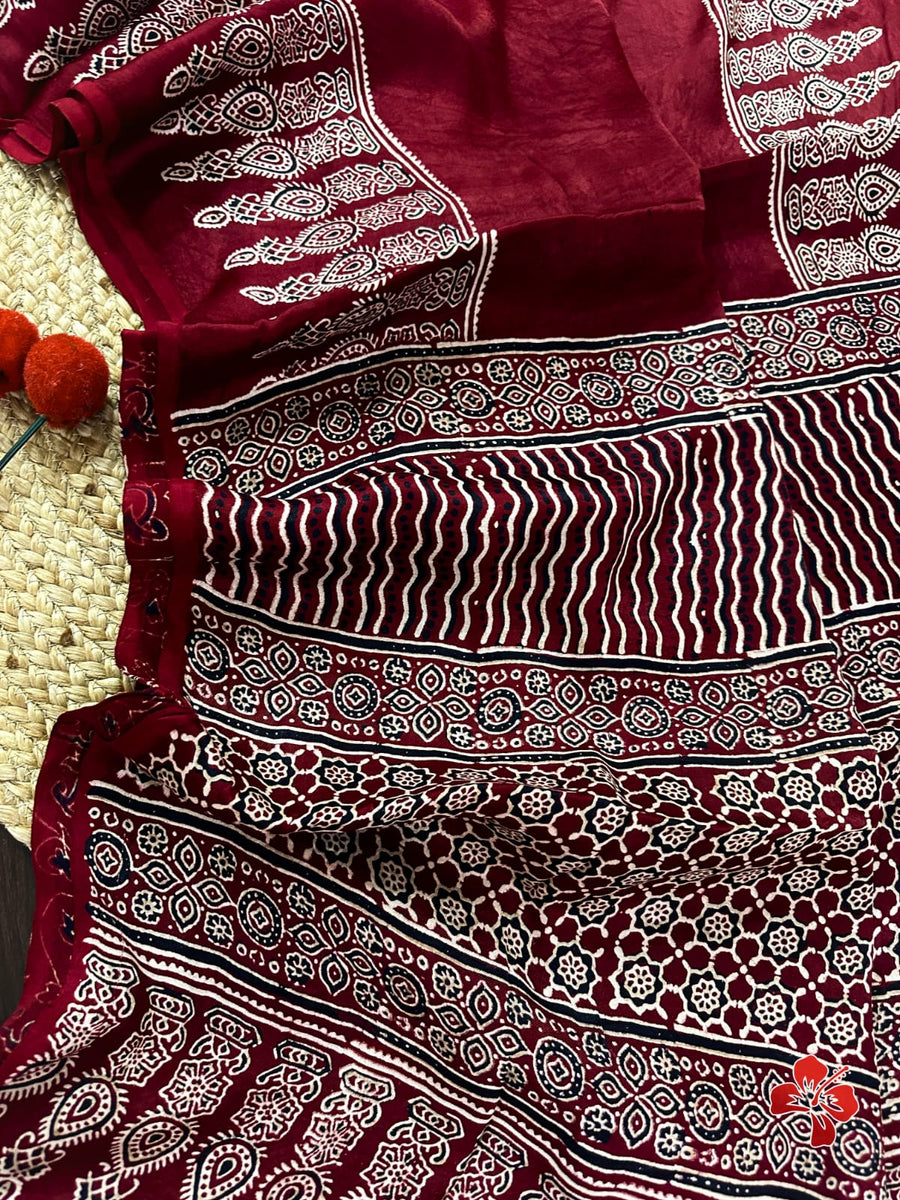 Ajrakh hand block printed viscose modal silk saree