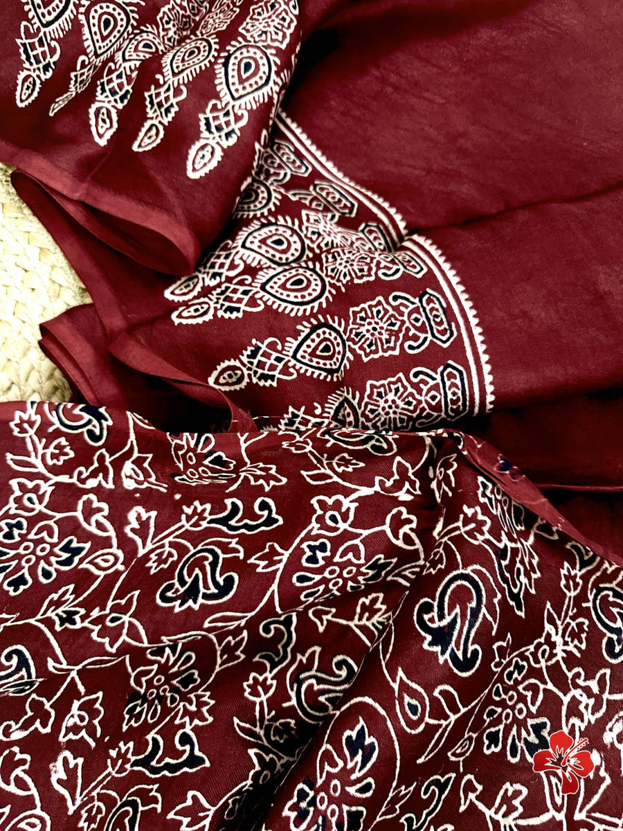 Ajrakh hand block printed viscose modal silk saree