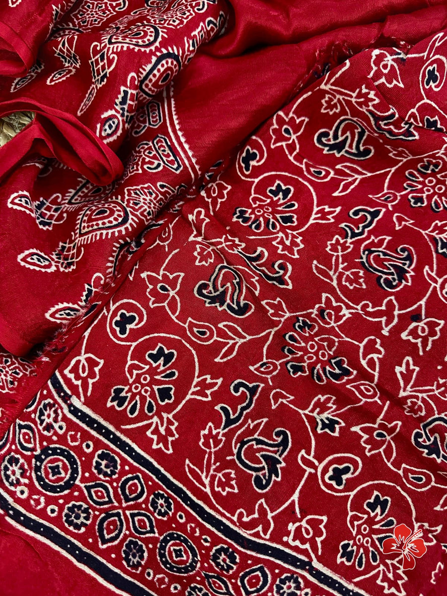 Ajrakh hand block printed viscose modal silk saree