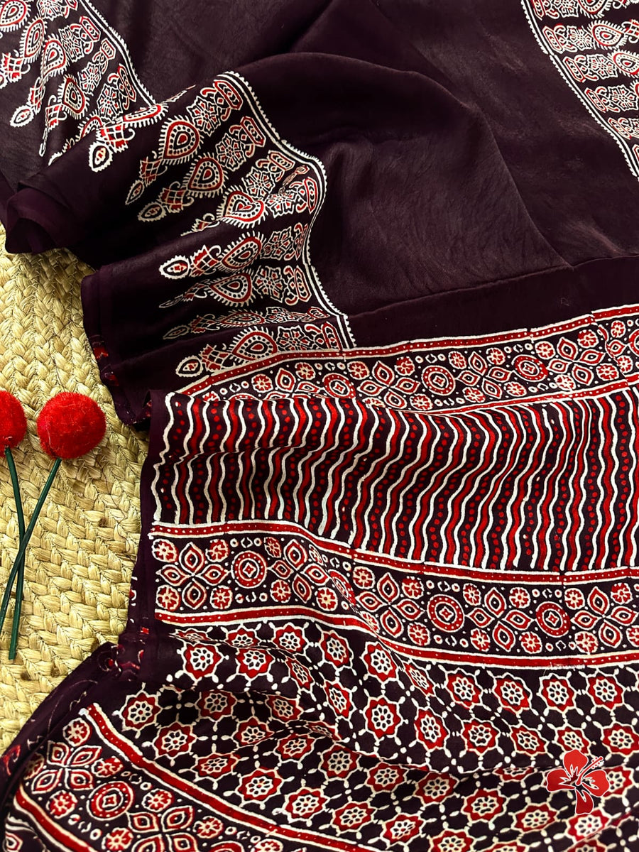 Ajrakh hand block printed viscose modal silk saree