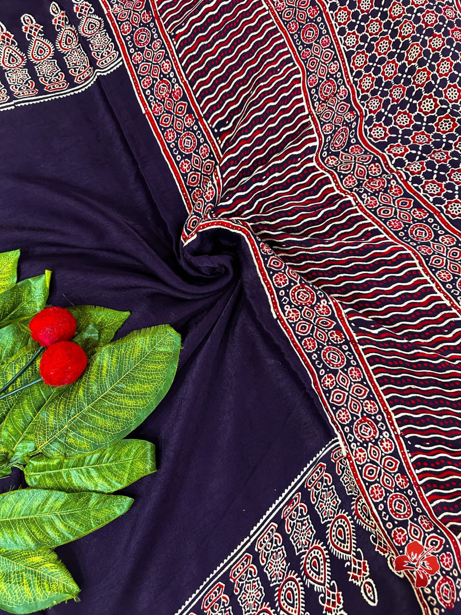 Ajrakh hand block printed viscose modal silk saree