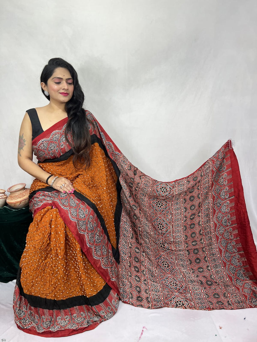Modal Ajrakh with Bandhni Saree