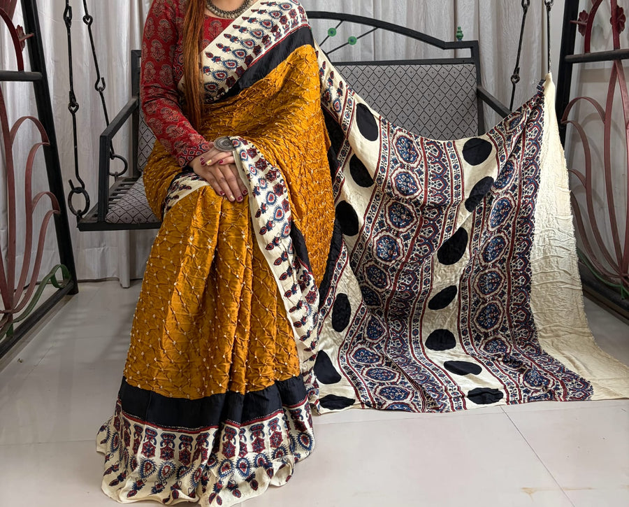 Modal Ajrakh with Bandhni Saree