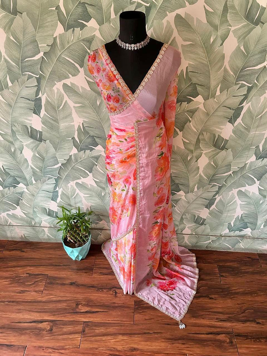 Baby Pink Premium Pure Chinnon Silk Saree