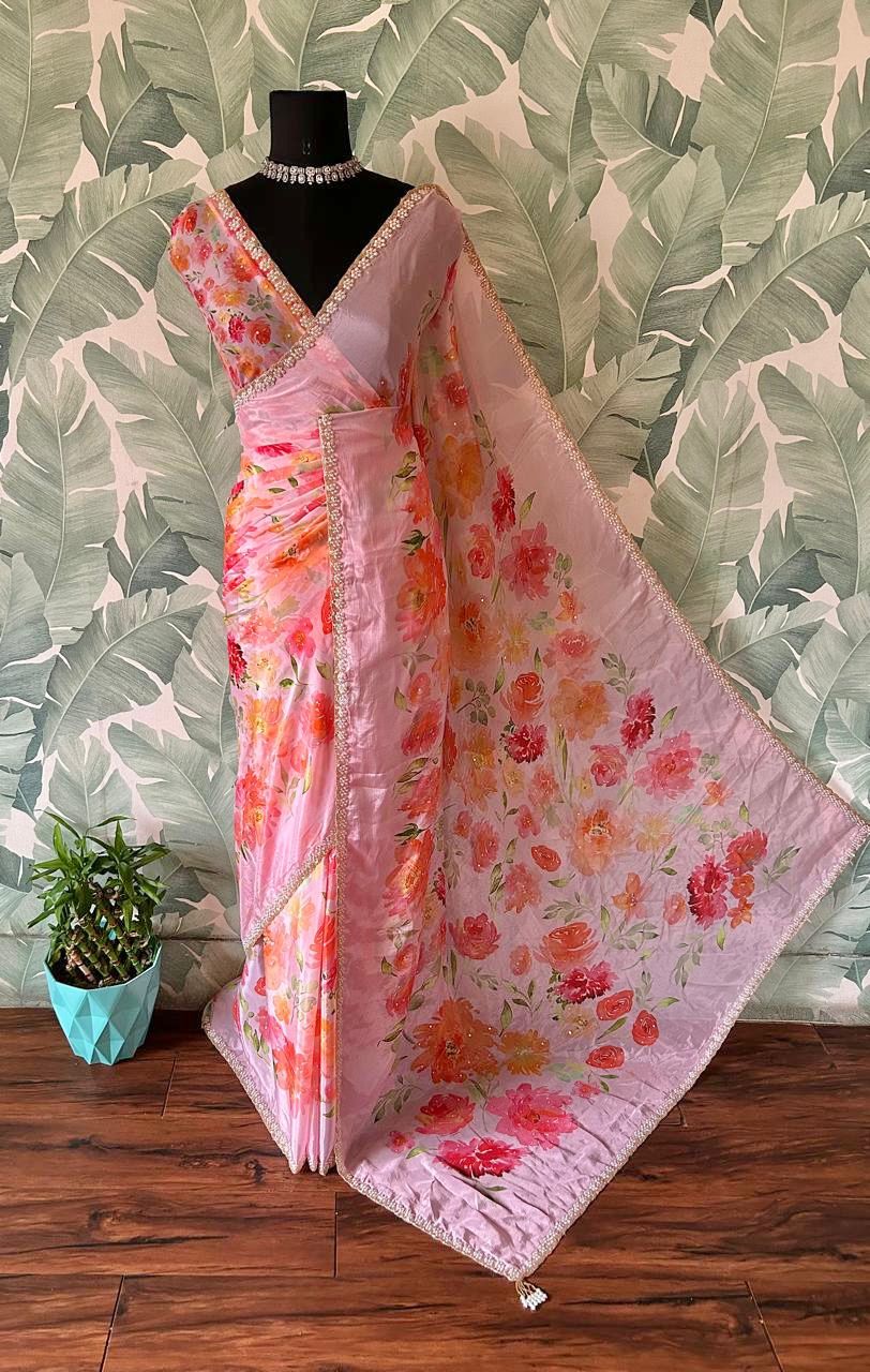 Baby Pink Premium Pure Chinnon Silk Saree