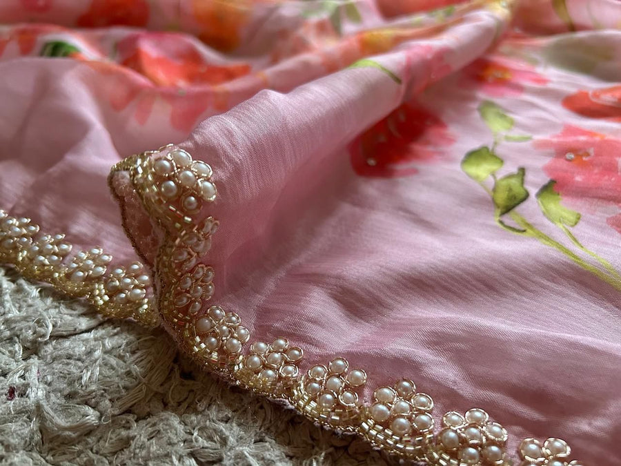 Baby Pink Premium Pure Chinnon Silk Saree