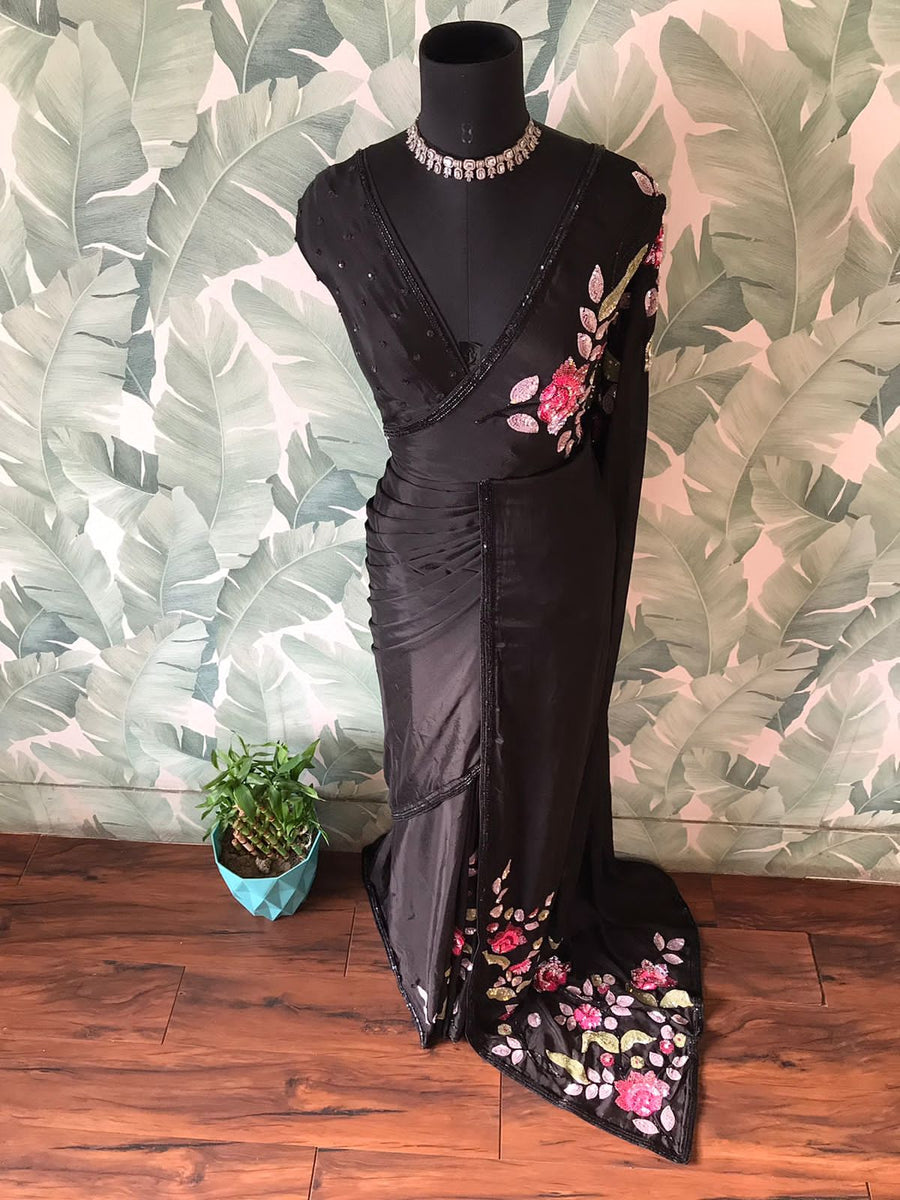 Black & White Premium Pure Chinnon Crepe Silk saree