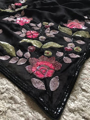 Black & White Premium Pure Chinnon Crepe Silk saree