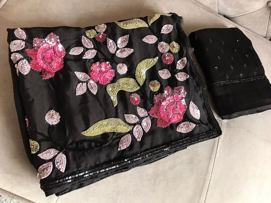 Black & White Premium Pure Chinnon Crepe Silk saree