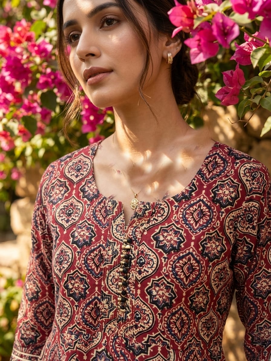 Azrakh print designer embroidered Anarkali