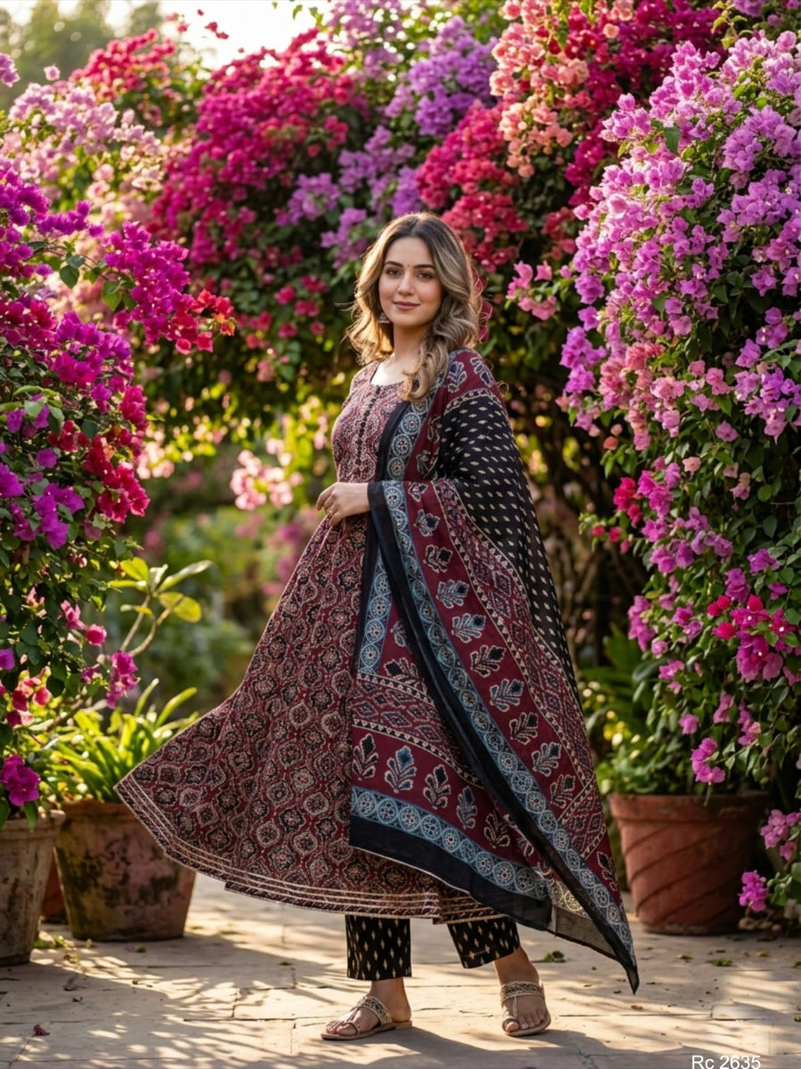 Azrakh print designer embroidered Anarkali