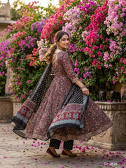 Azrakh print designer embroidered Anarkali