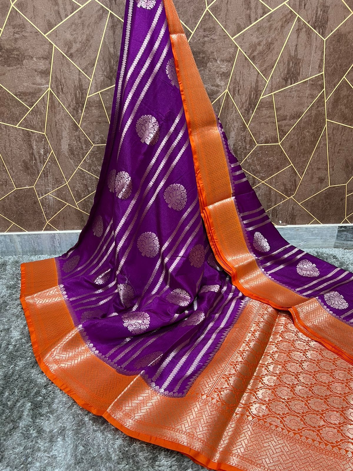 Banarasi katan dyeable stripe with buta design soft silk saree