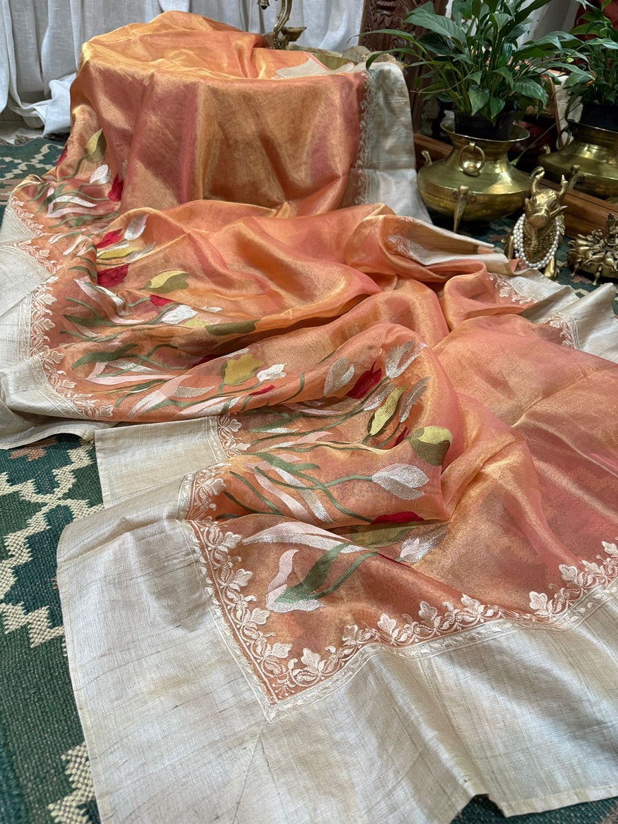 Banaras Handloom Pure Tissue With Tussar Border