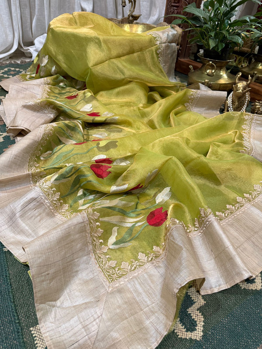 Banaras Handloom Pure Tissue With Tussar Border