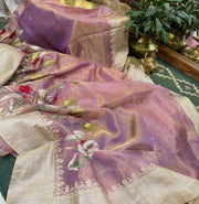 Banaras Handloom Pure Tissue With Tussar Border