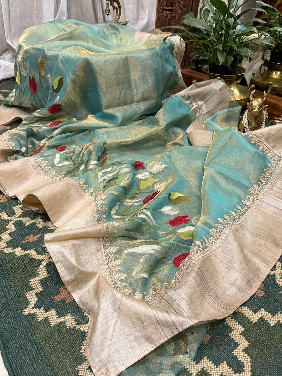 Banaras Handloom Pure Tissue With Tussar Border