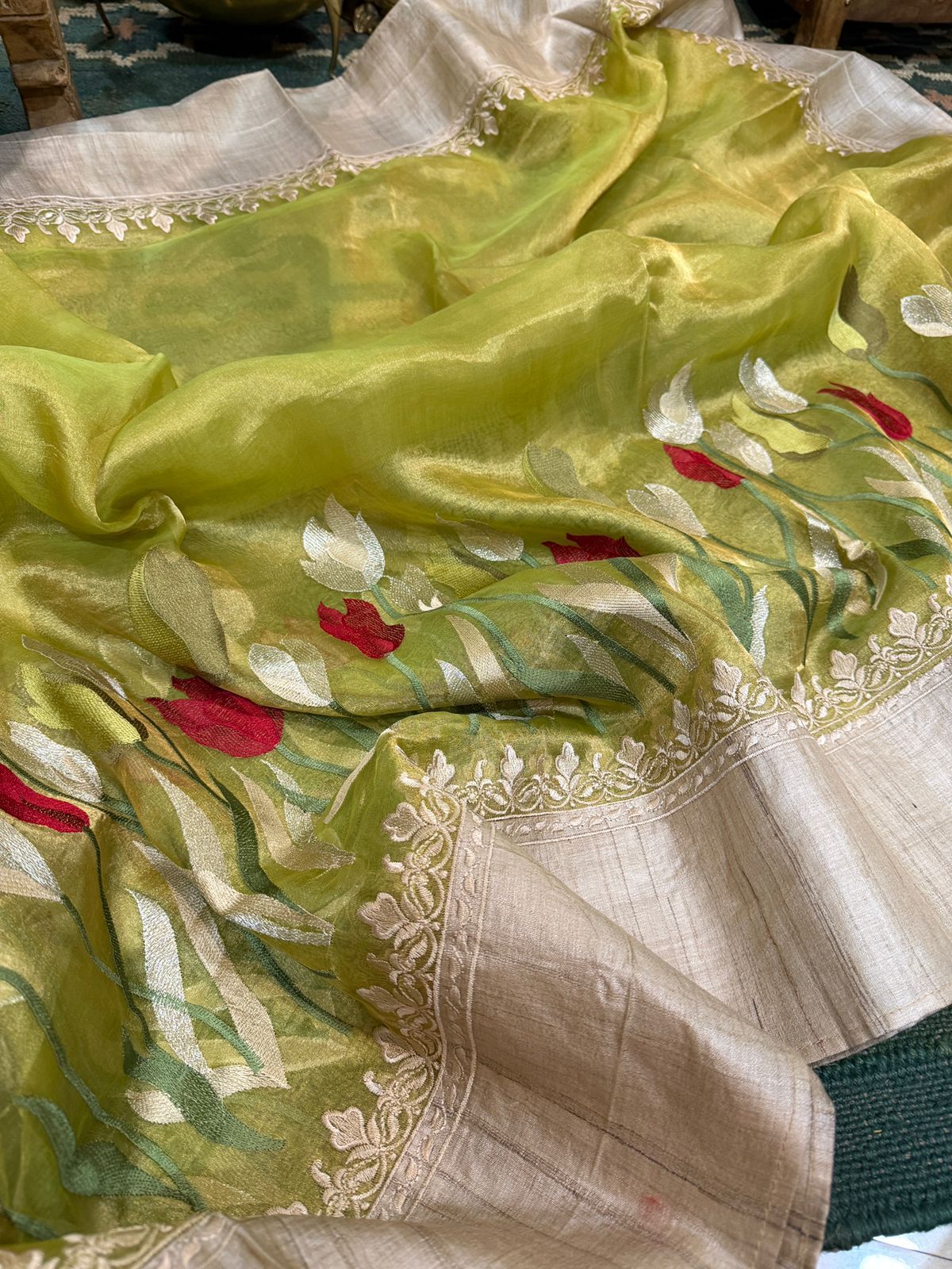 Banaras Handloom Pure Tissue With Tussar Border
