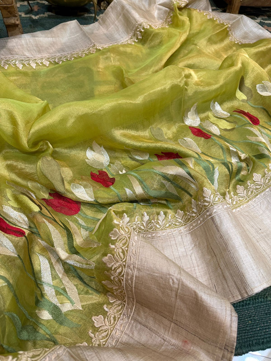 Banaras Handloom Pure Tissue With Tussar Border