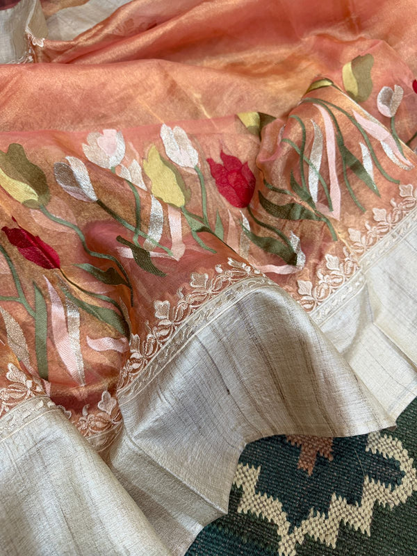 Banaras Handloom Pure Tissue With Tussar Border