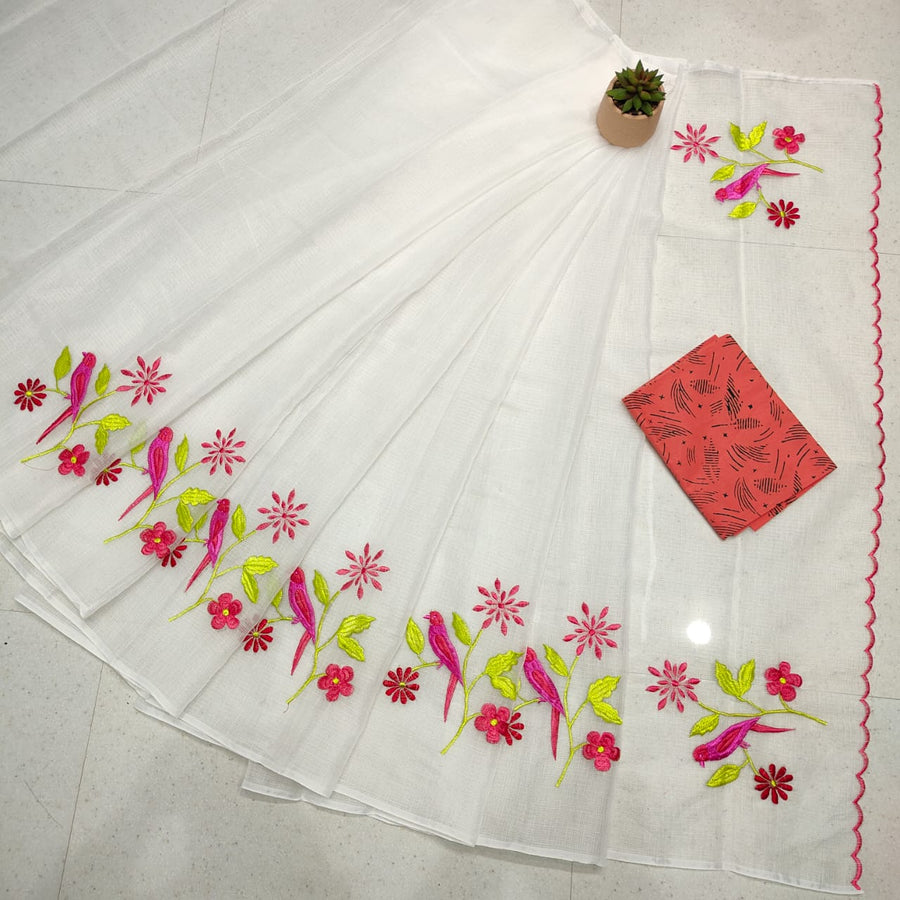 Kota Doria Mix Cotton Hand Machine Embroidery Saree