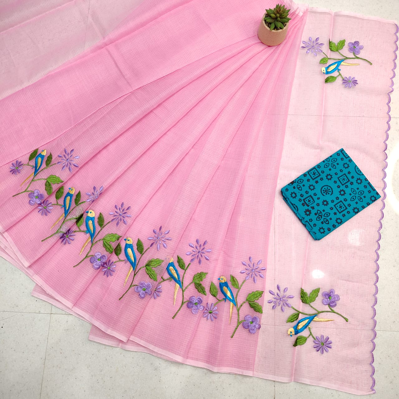 Kota Doria Mix Cotton Hand Machine Embroidery Saree
