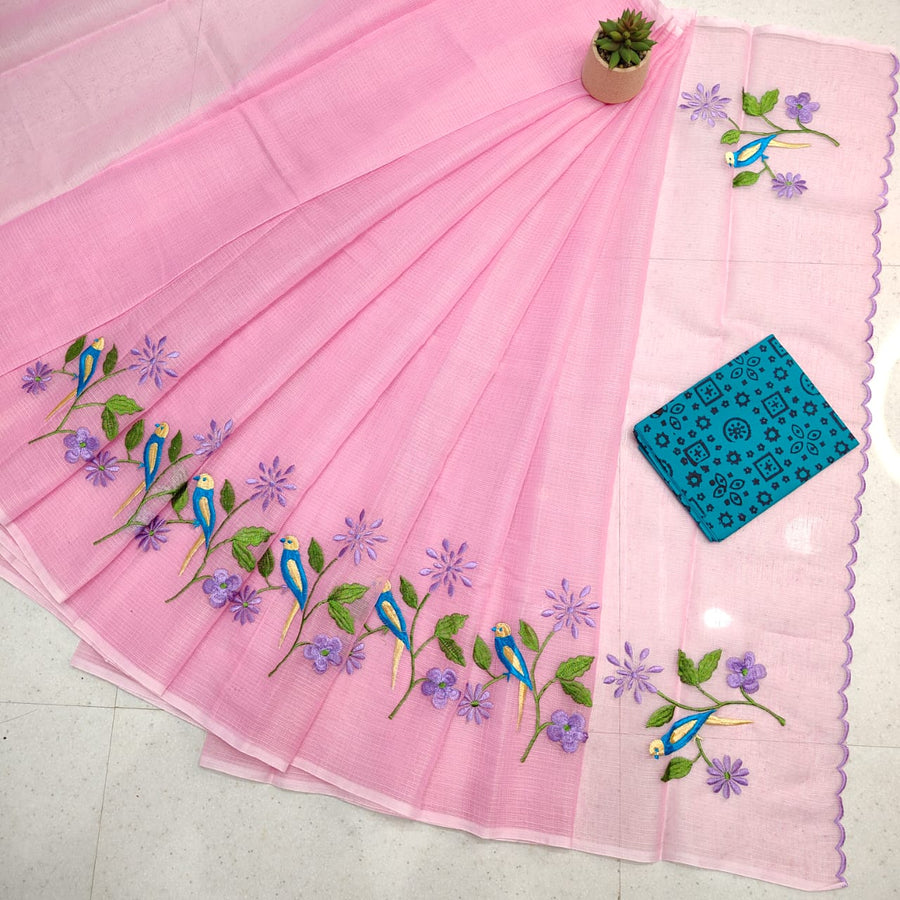 Kota Doria Mix Cotton Hand Machine Embroidery Saree