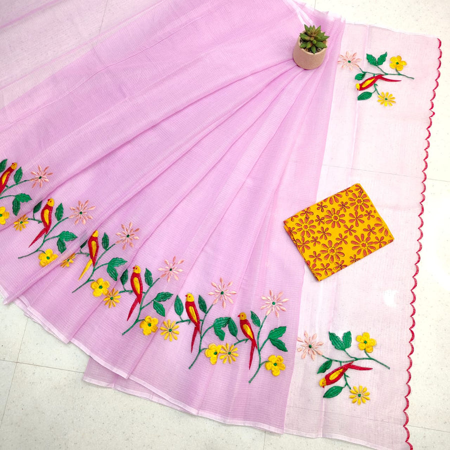 Kota Doria Mix Cotton Hand Machine Embroidery Saree