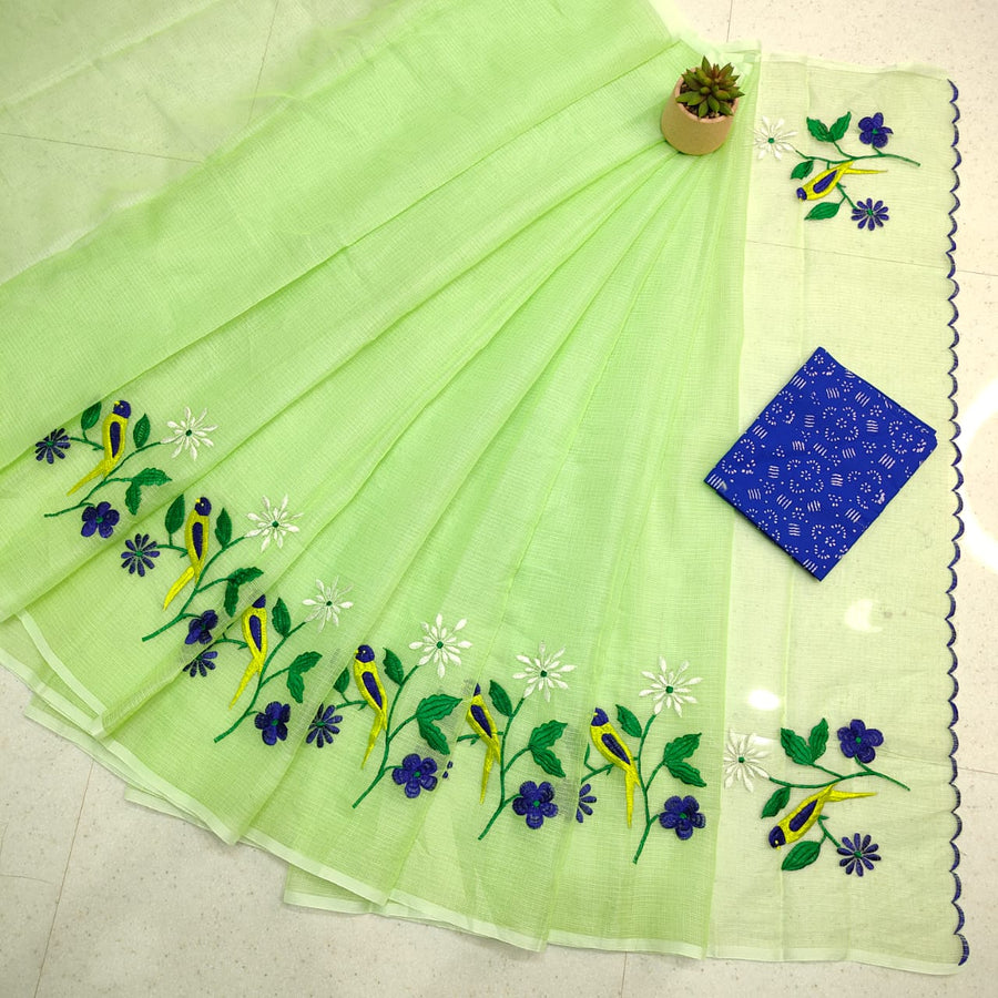Kota Doria Mix Cotton Hand Machine Embroidery Saree