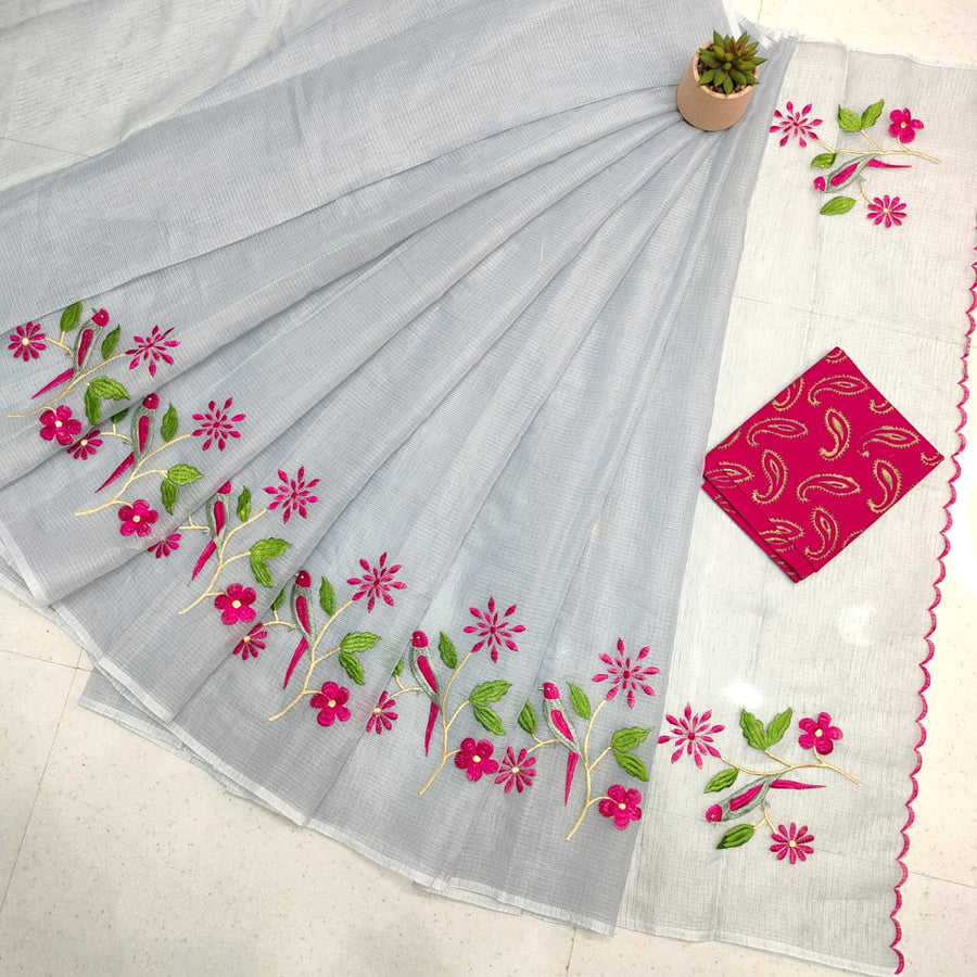 Kota Doria Mix Cotton Hand Machine Embroidery Saree