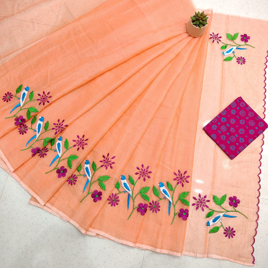 Kota Doria Mix Cotton Hand Machine Embroidery Saree