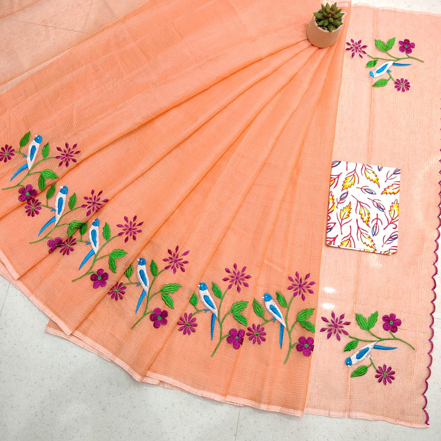 Kota Doria Mix Cotton Hand Machine Embroidery Saree