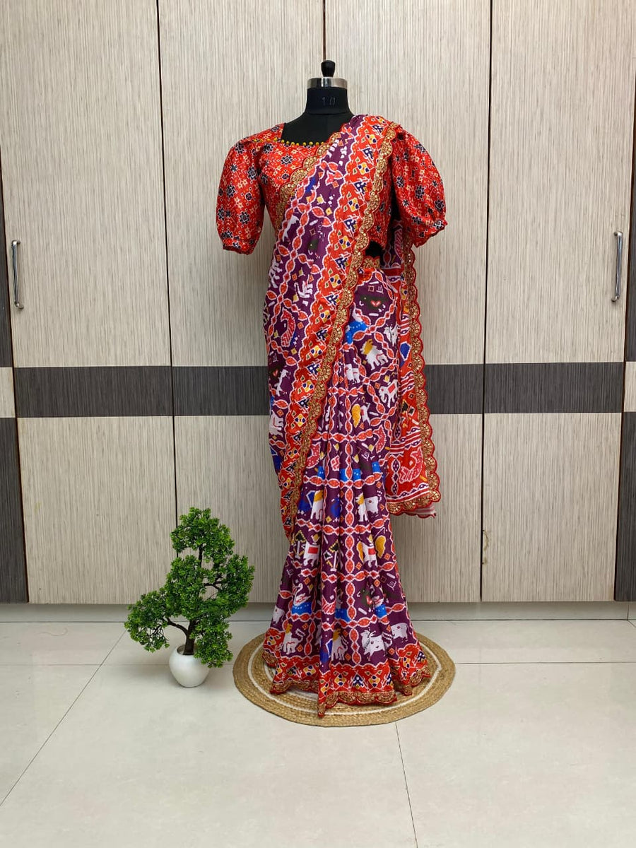 Elegant digital print soft satin silk saree