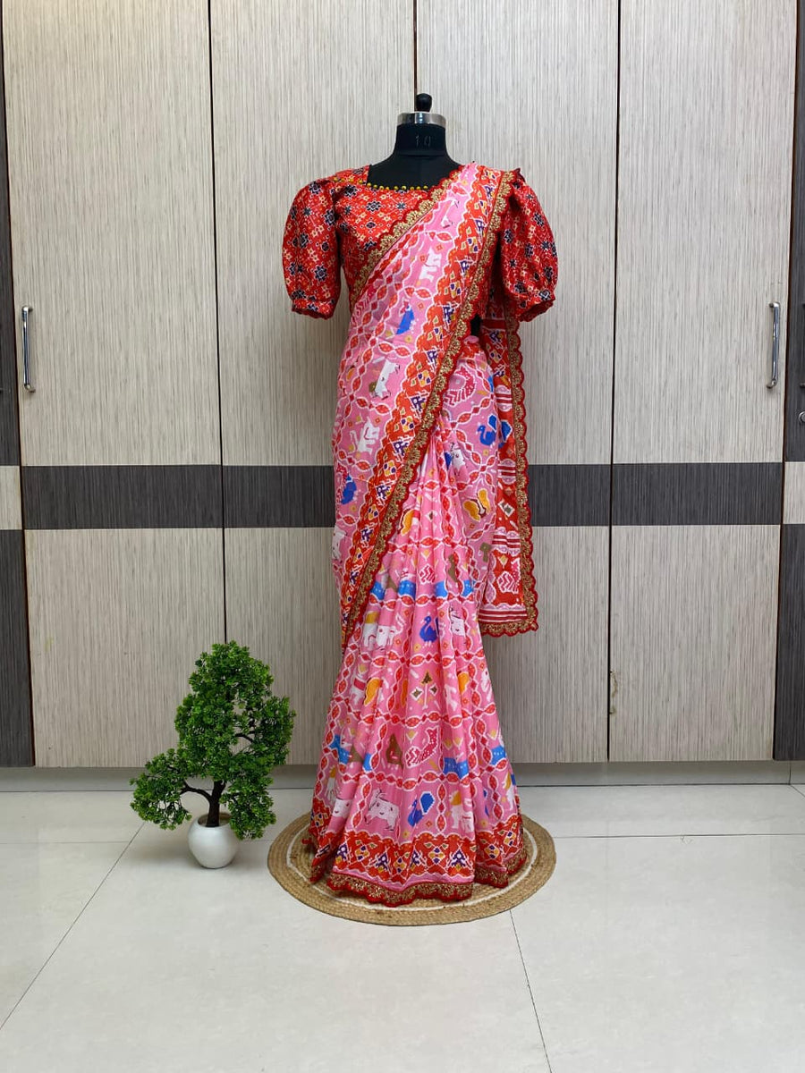 Elegant digital print soft satin silk saree