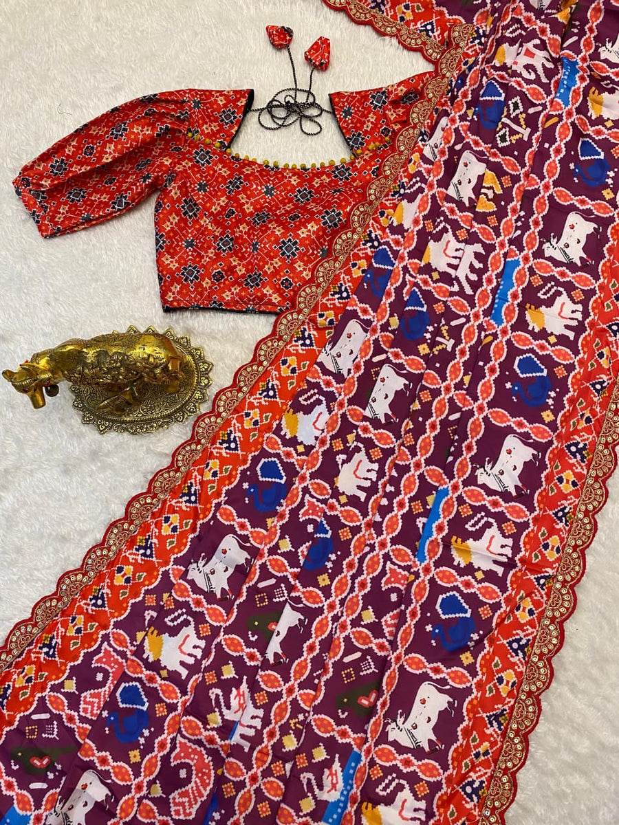 Elegant digital print soft satin silk saree