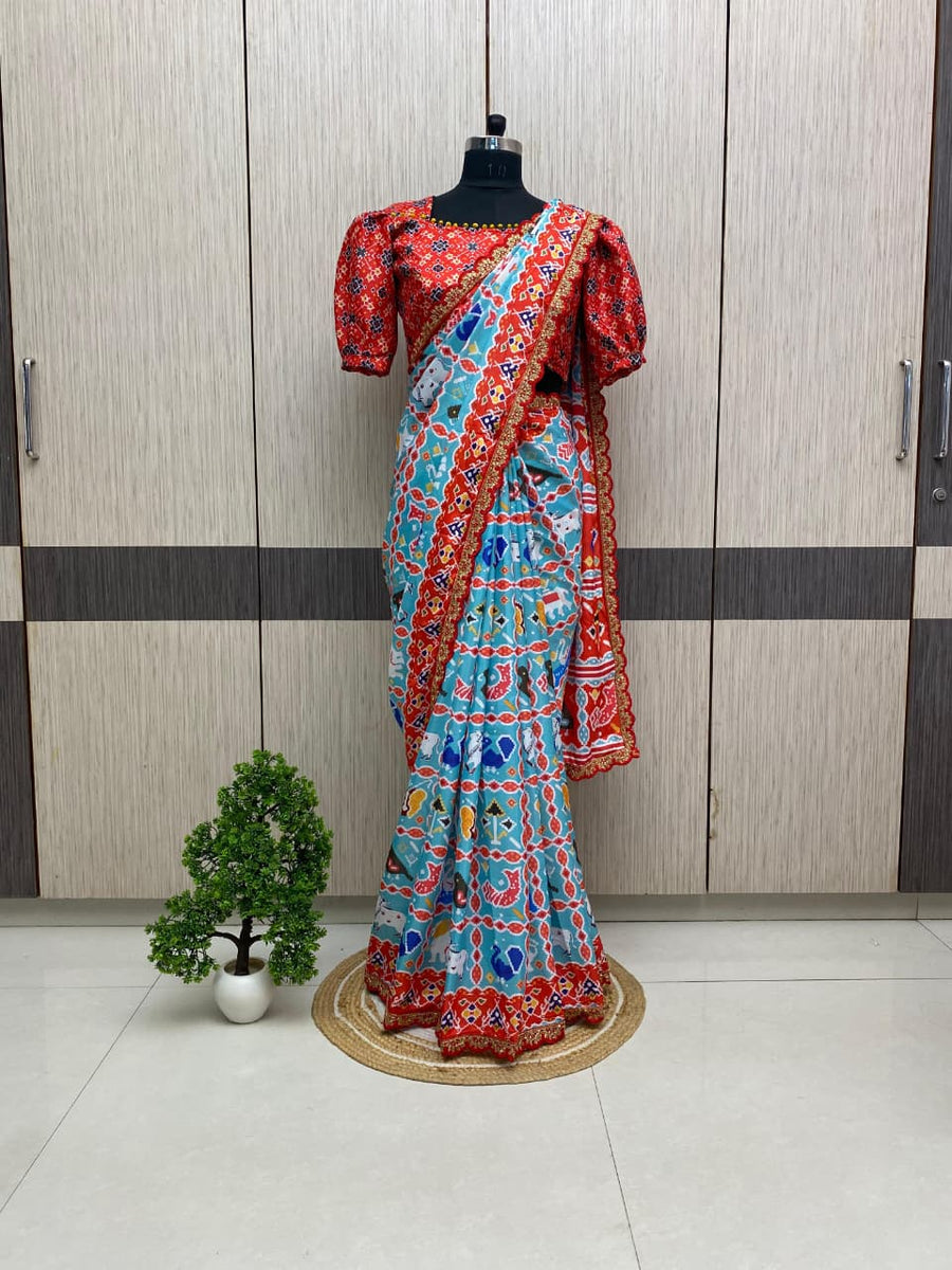 Elegant digital print soft satin silk saree