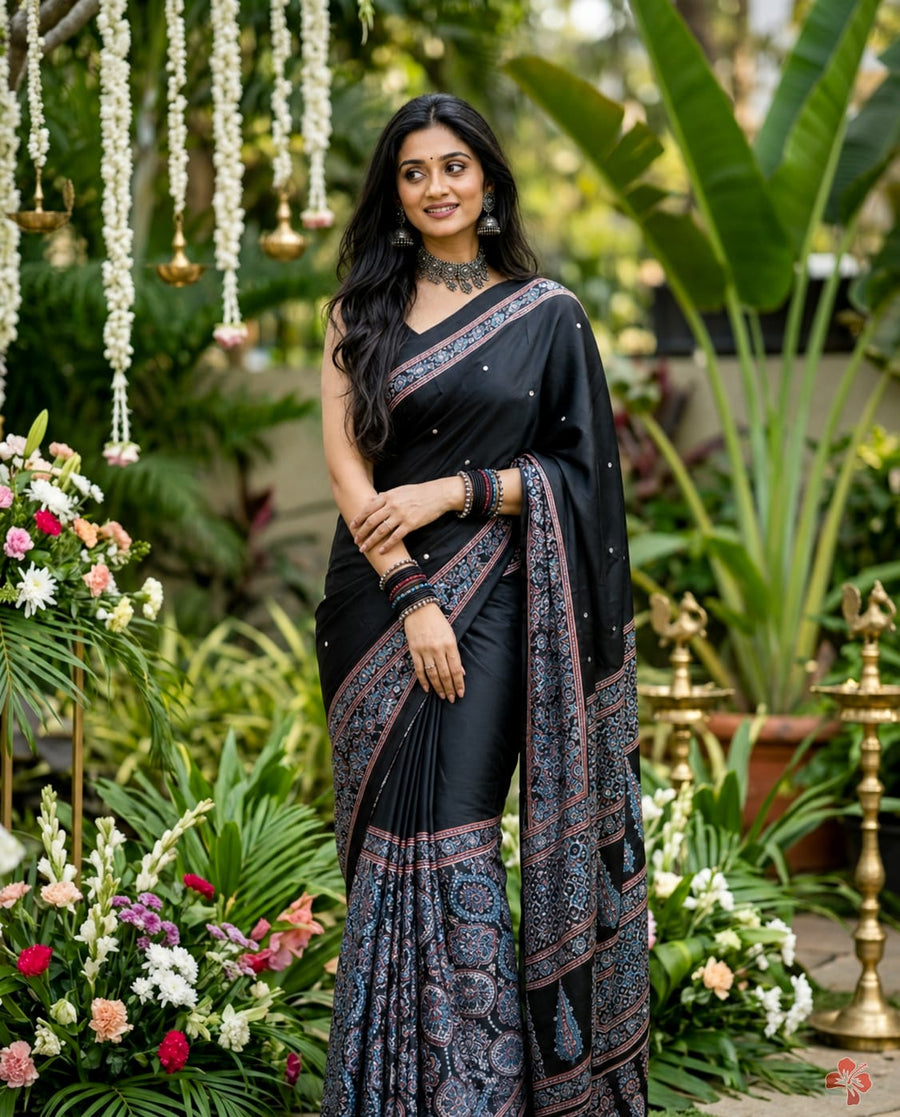 Ajrakh printed semi-pure modal silk sarees