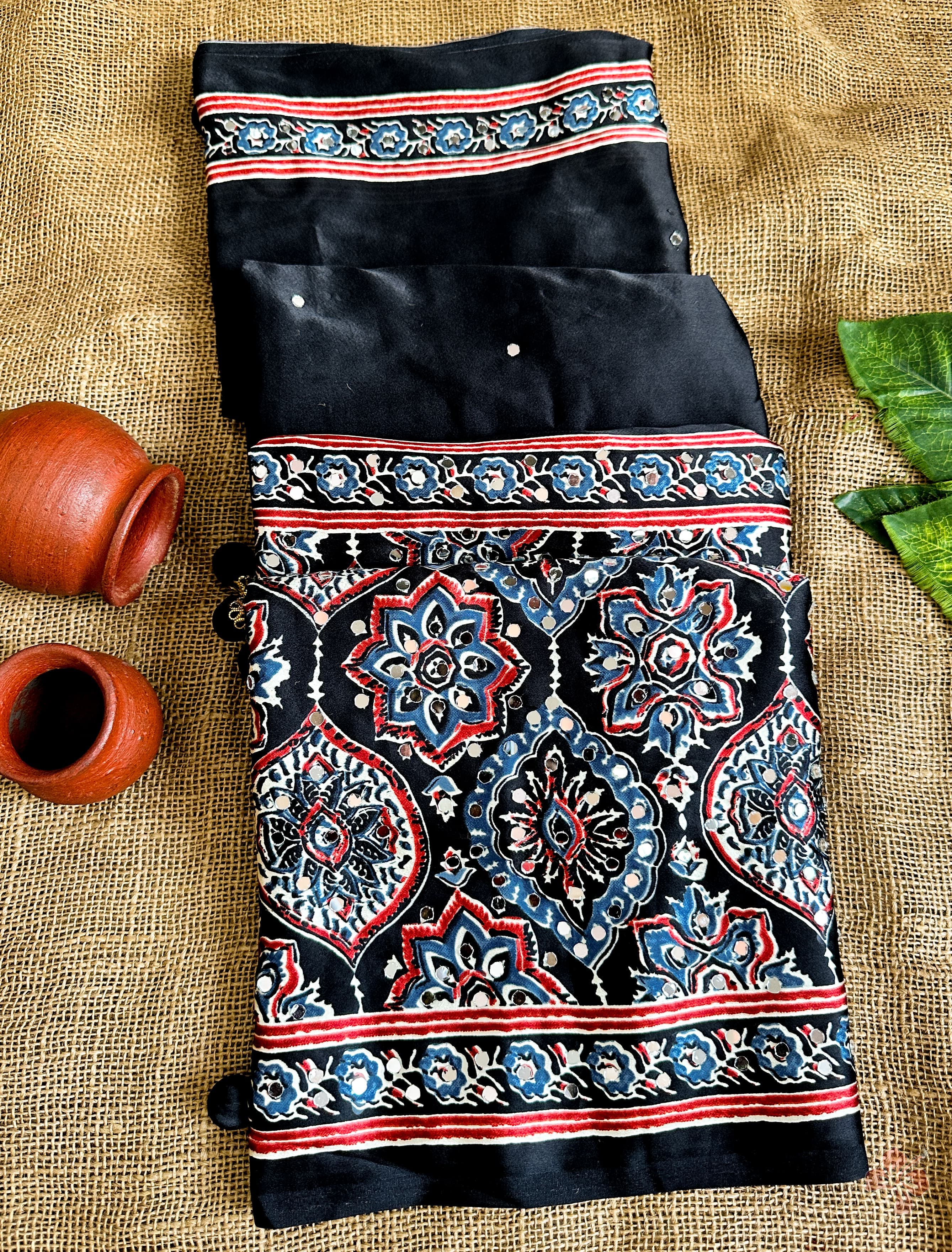 Ajrakh printed semi-pure modal silk sarees