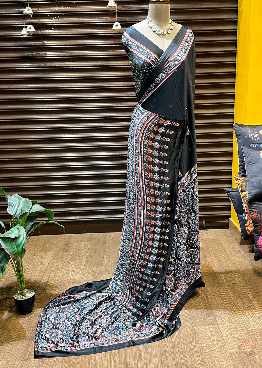 Ajrakh printed semi-pure modal silk sarees