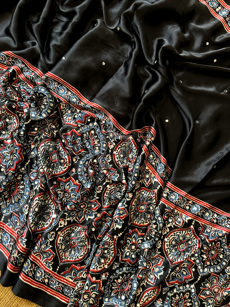 Ajrakh printed semi-pure modal silk sarees
