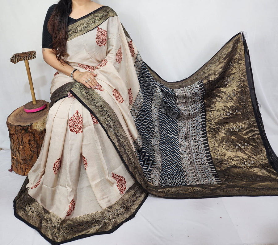 Ajrakh dola silk saree