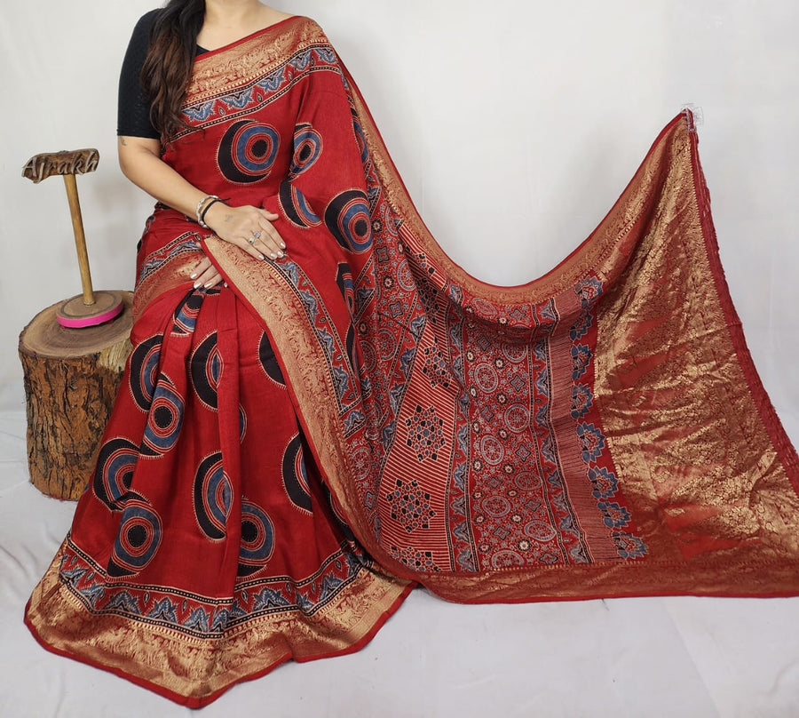 Ajrakh dola silk saree