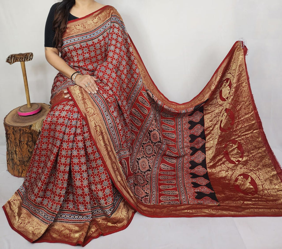 Ajrakh dola silk saree