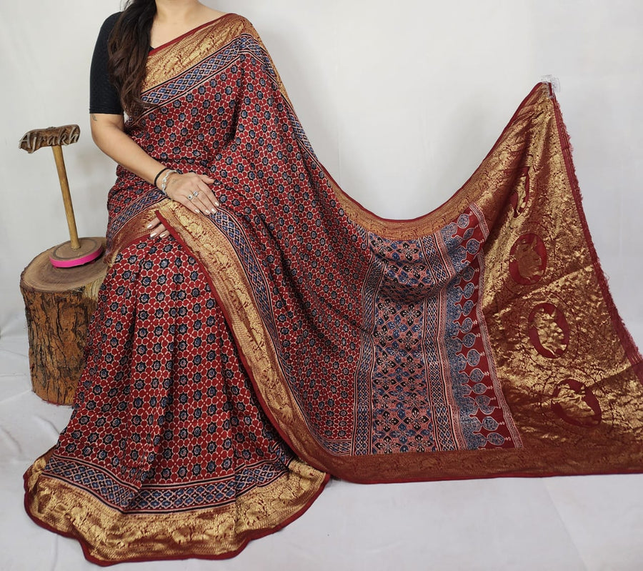 Ajrakh dola silk saree