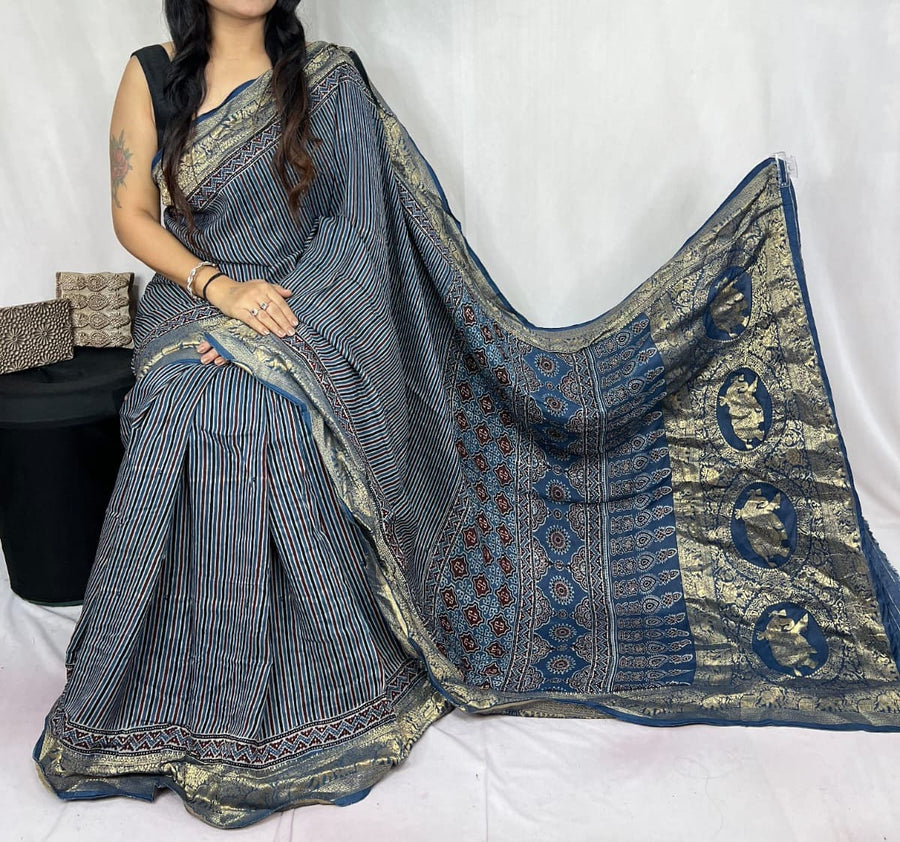Ajrakh dola silk saree