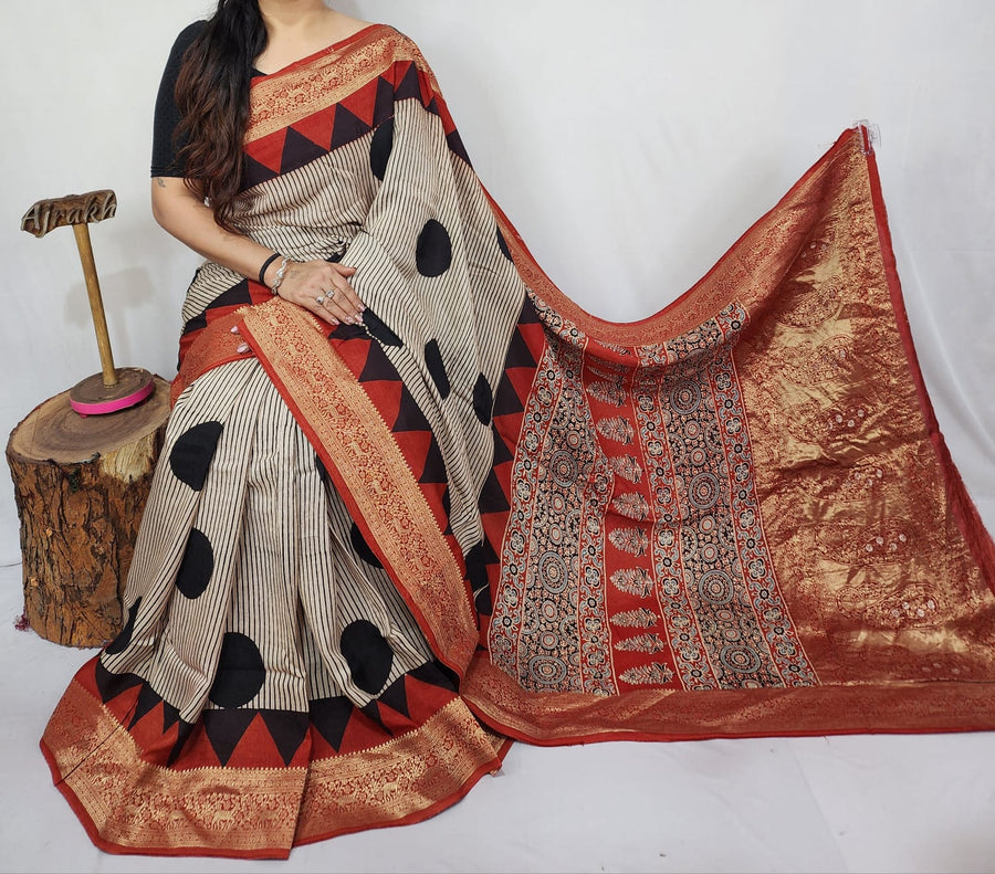 Ajrakh dola silk saree