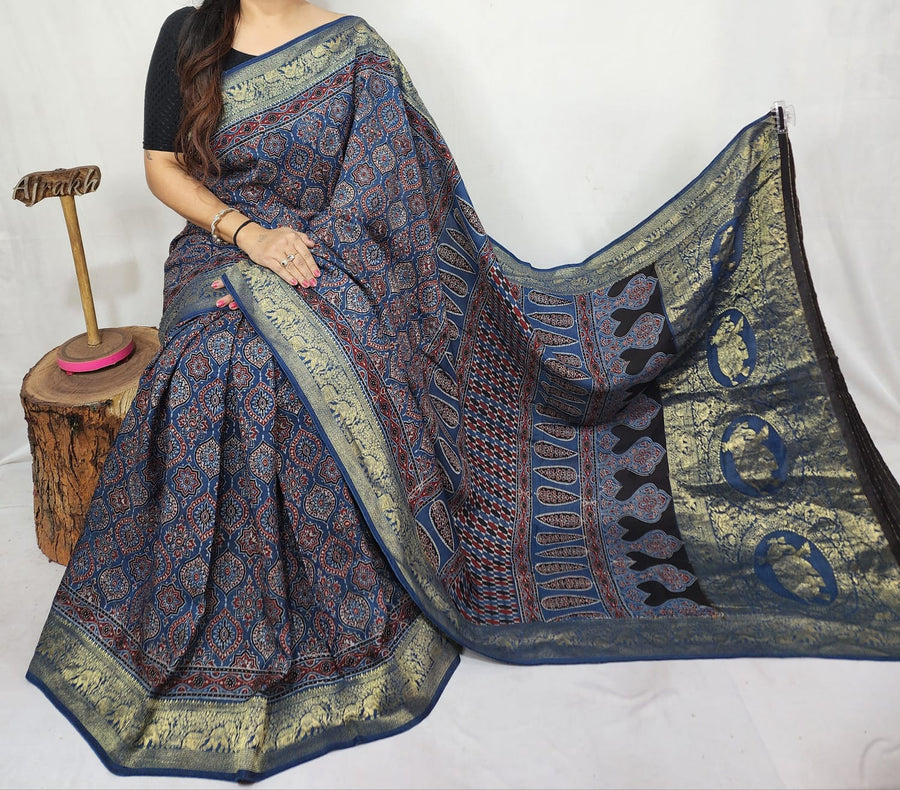 Ajrakh dola silk saree