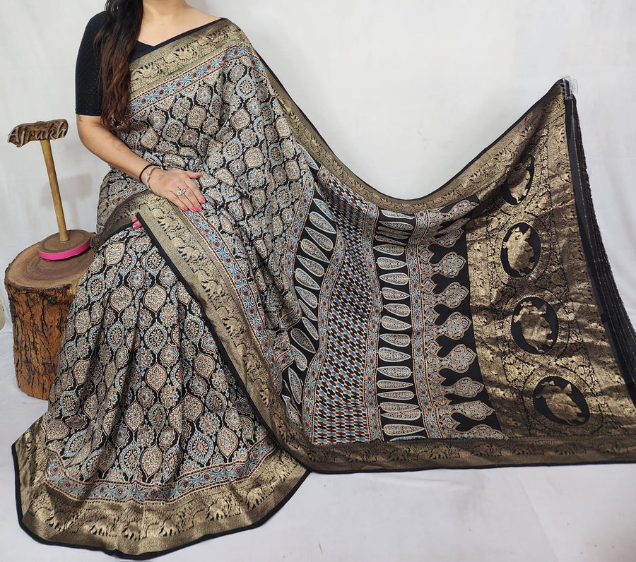 Ajrakh dola silk saree