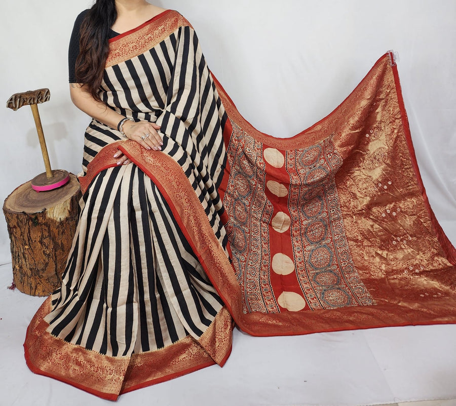 Ajrakh dola silk saree