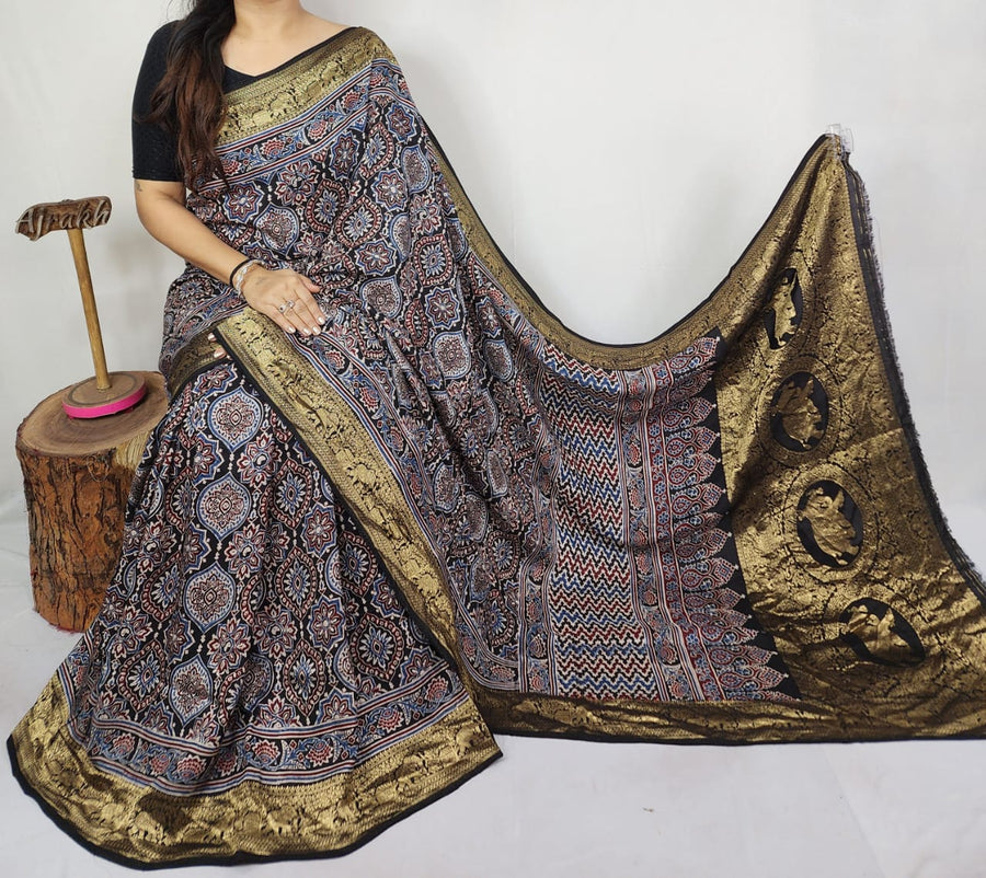 Ajrakh dola silk saree